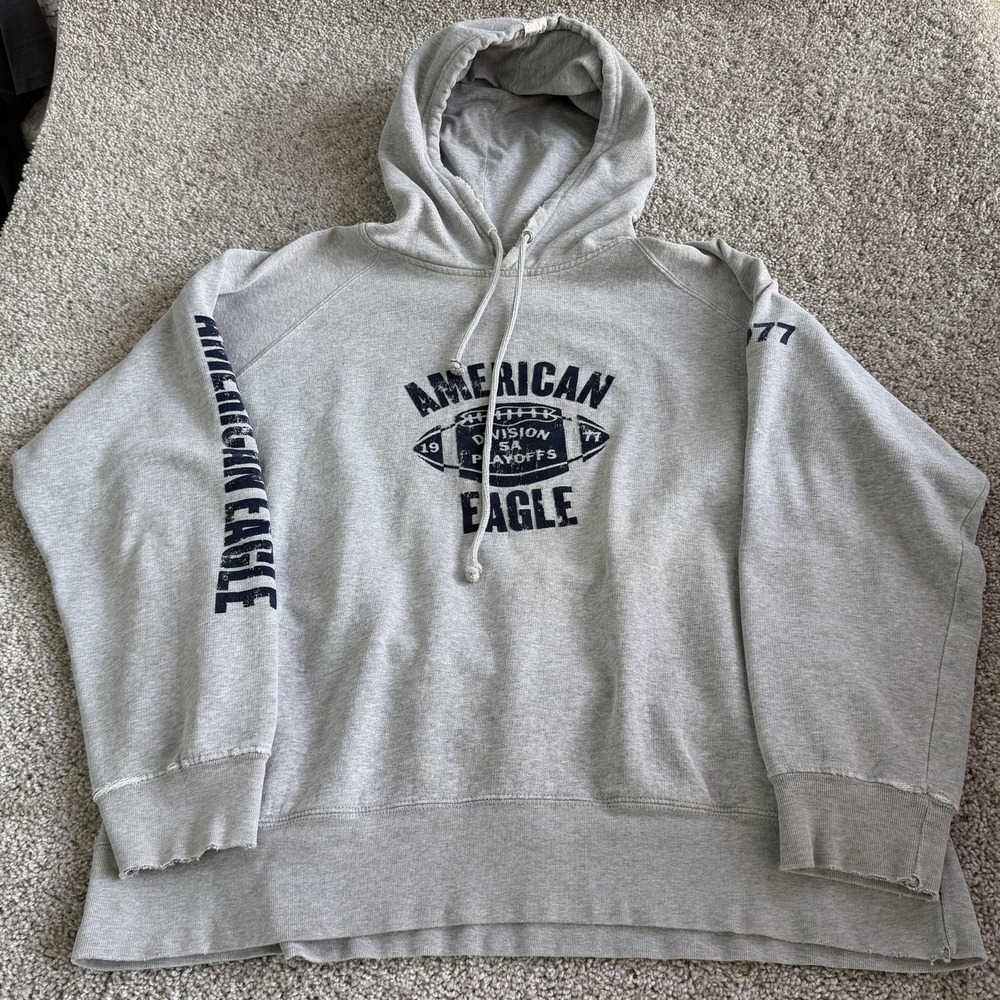 Y2K American Eagle Outfitters Hoodie Mens Large Gray Fleece Football Sweatshirt